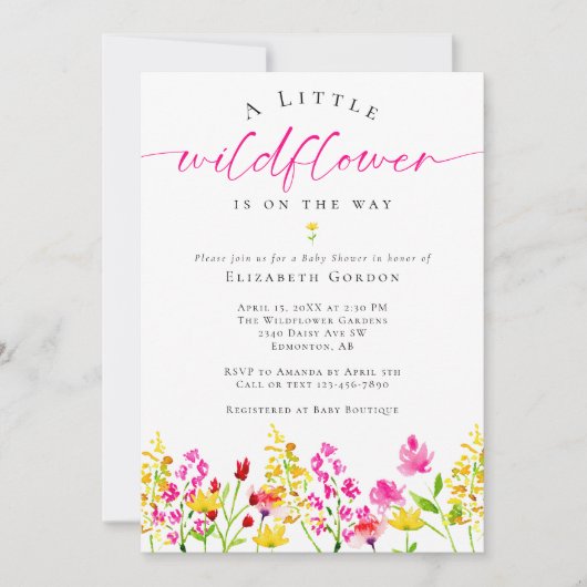 Wildblume Babydusche Wasserfarbe Rosa Niedlich Einladung (Vorderseite)