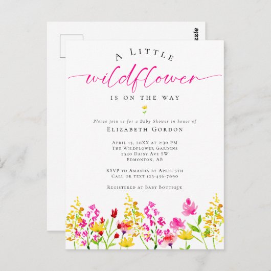 Wildblume Babydusche Wasserfarbe Rosa Niedlich Postkarte (Vorne/Hinten)