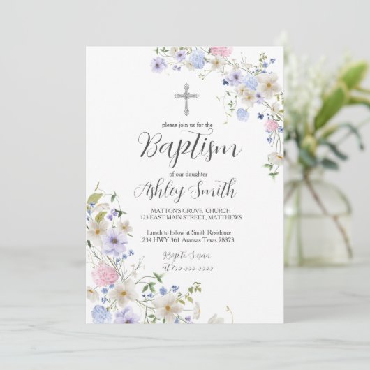 Wildblume BAPTISM Einladung (Stehend Vorderseite)