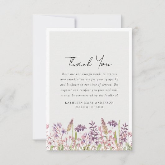 Wildblume Beileid Beerdigung Dankeskarte (Vorderseite)