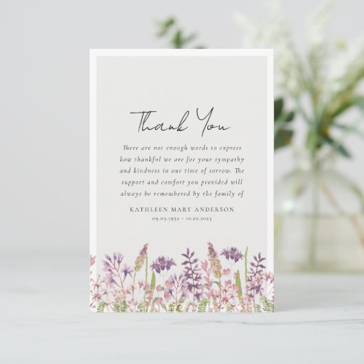 Wildblume Beileid Beerdigung Dankeskarte (Stehend Vorderseite)