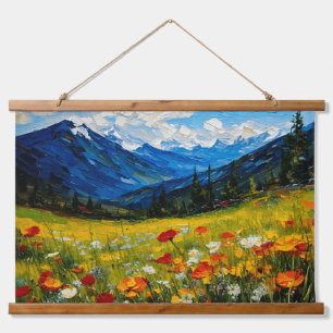 Wildblume Berge Landschaft Wandteppich Mit Holzrahmen