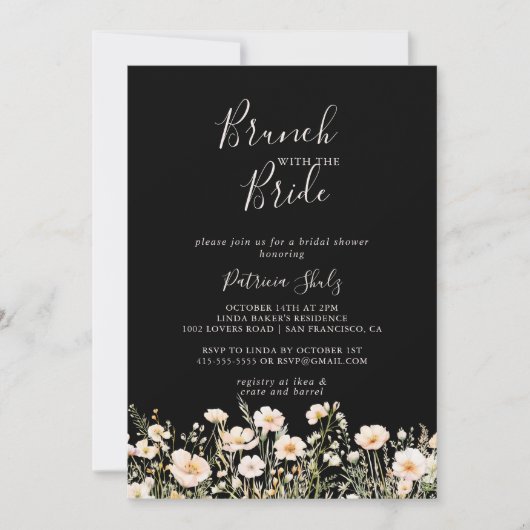 Wildblume Black Brunch mit Brautdusche Einladung (Vorderseite)