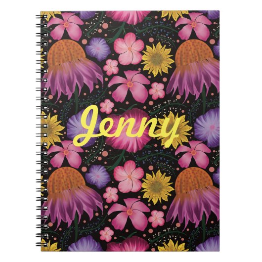 Wildblume Black Floral Personalisiert Notebook Notizblock (Vorderseite)