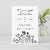 Wildblume Black & White Boho Chic Moderne Hochzeit Einladung (Stehend Vorderseite)