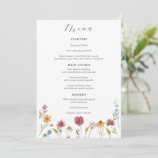 Wildblume Bloom Wedding Menu Menükarte (Stehend Vorderseite)