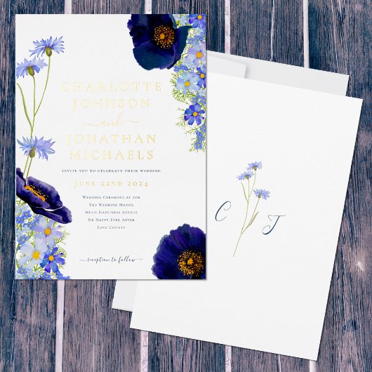 Wildblume Blue and Gold Rustic Wedding Folieneinladung