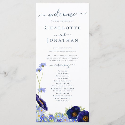 Wildblume Blue Boho Wedding Menükarte (Vorderseite)