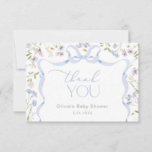 Wildblume Blue Bow Frame Baby Dusche Danke (Vorderseite)