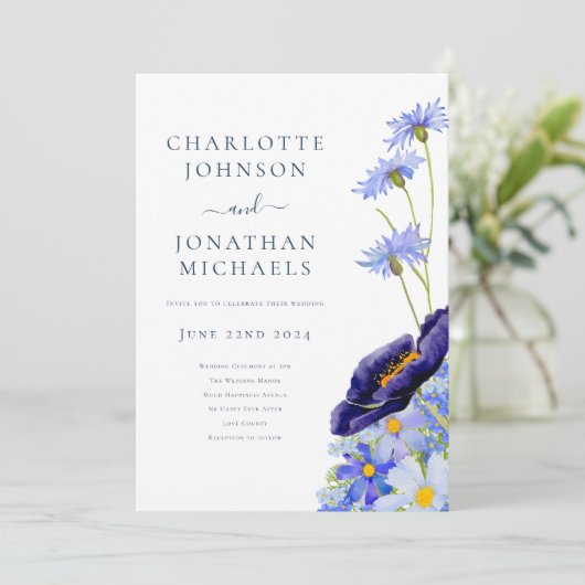 Wildblume Blue Rustic Einladung (Stehend Vorderseite)