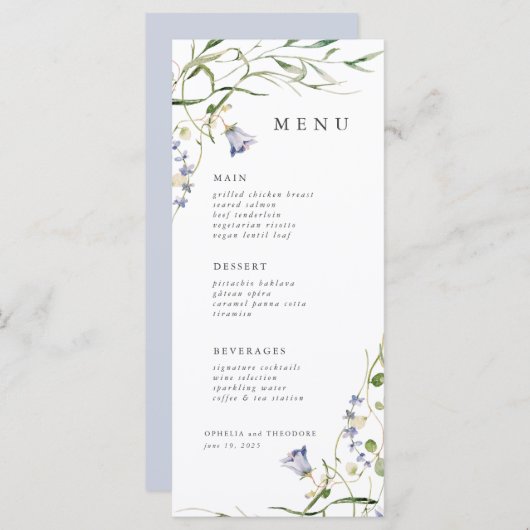Wildblume Blue Watercolor Elegante Hochzeit Menükarte (Vorne/Hinten)