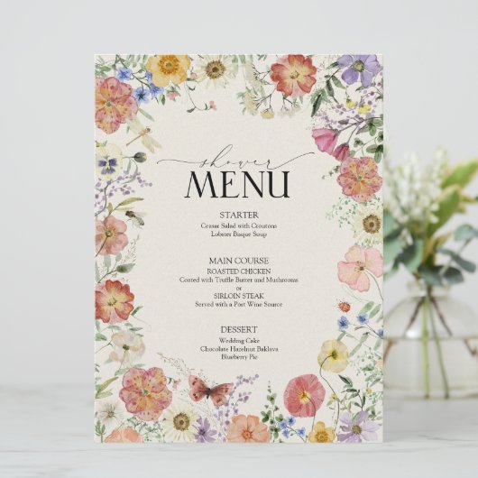 Wildblume-Blumenrahmen-Brautparty Menükarte (Stehend Vorderseite)