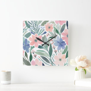 Wildblume Boho Aquarellfarben Pastell Dekor Quadratische Wanduhr