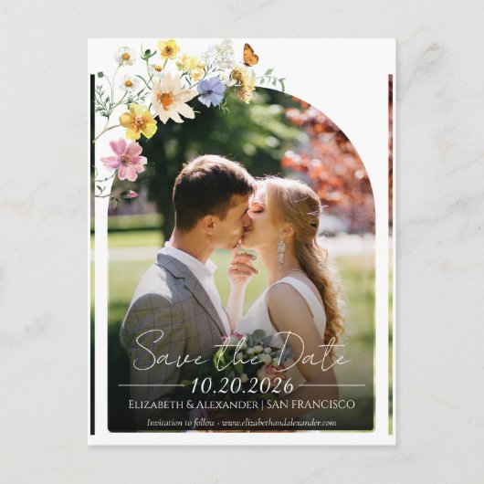 Wildblume | Boho Arch Foto Save the Date Postkarte (Vorderseite)