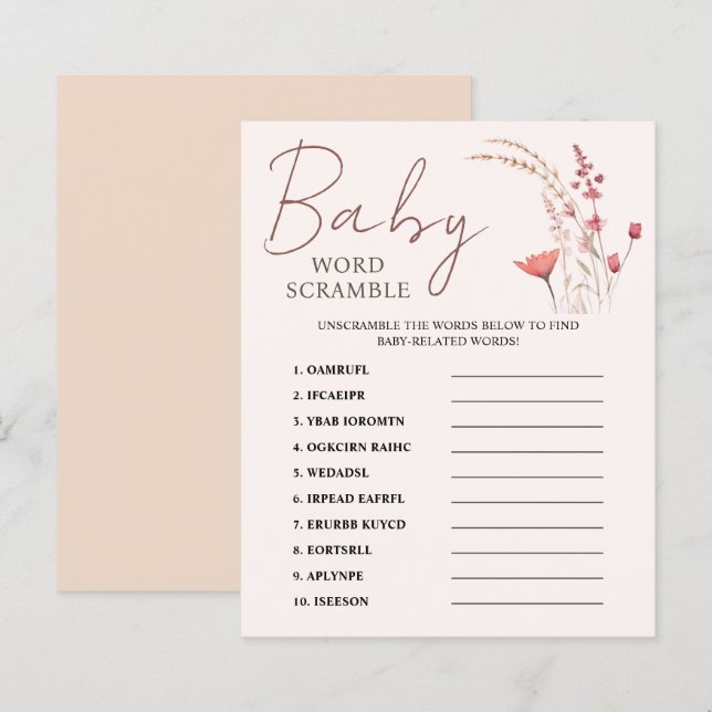 Wildblume Boho Baby Dusche Word Scramble Game (Vorne/Hinten)