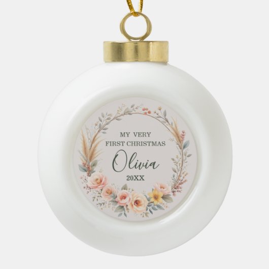 Wildblume Boho Baby First Christmas Personalisiere Keramik Kugel-Ornament (Vorderseite)