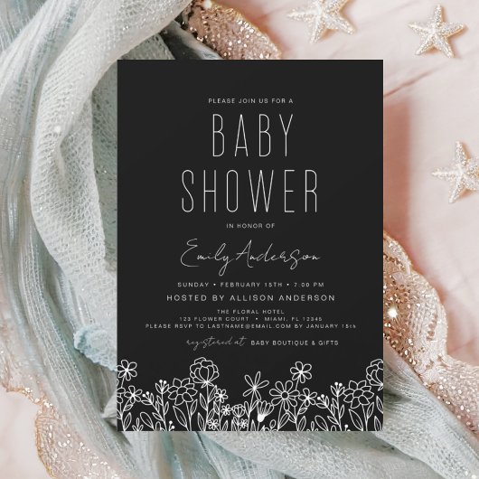 Wildblume Boho Baby Shower Black Elegant Einladung