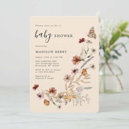 Wildblume Boho Babydusche Einladung (Stehend Vorderseite)