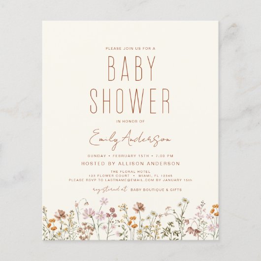 Wildblume Boho Babydusche Elegant Flyer (Vorne)