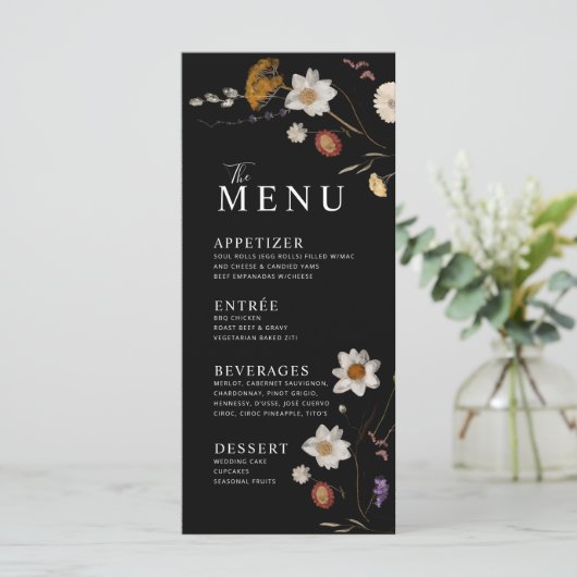 Wildblume Boho Black Menu Menükarte (Stehend Vorderseite)