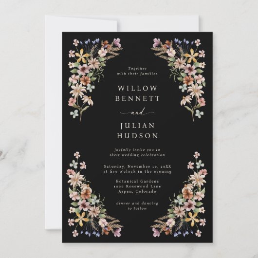 Wildblume Boho Black Wedding Einladung (Vorderseite)