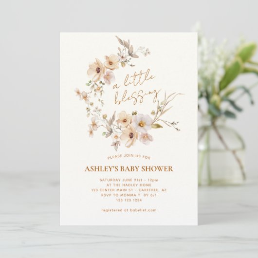 Wildblume Boho Blessings Babydusche Einladung (Stehend Vorderseite)