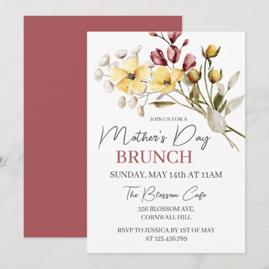 Wildblume Boho Blumenmüttertagsbrunch Einladung (Vorne/Hinten)