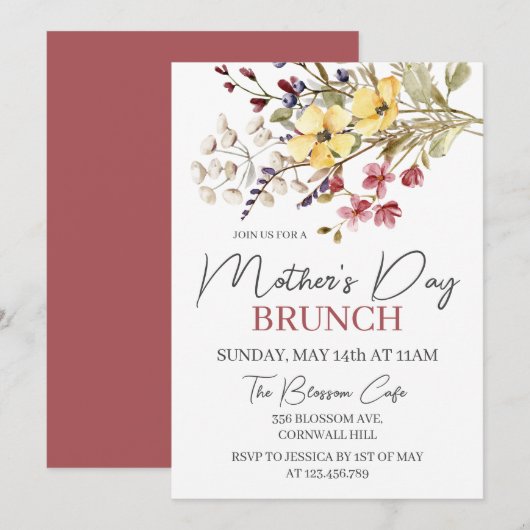 Wildblume Boho Blumenmüttertagsbrunch Einladung (Vorne/Hinten)