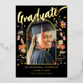 Wildblume Boho Chic Graduate Foto Script Gold Folieneinladung (Vorderseite)