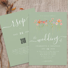 Wildblume Boho Fall Sage Green QR-Code Hochzeit Einladung