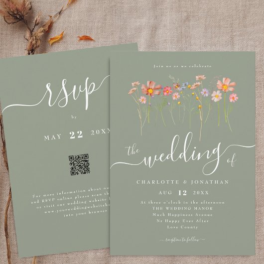 Wildblume Boho Fall Sage Green QR-Code Hochzeit Einladung