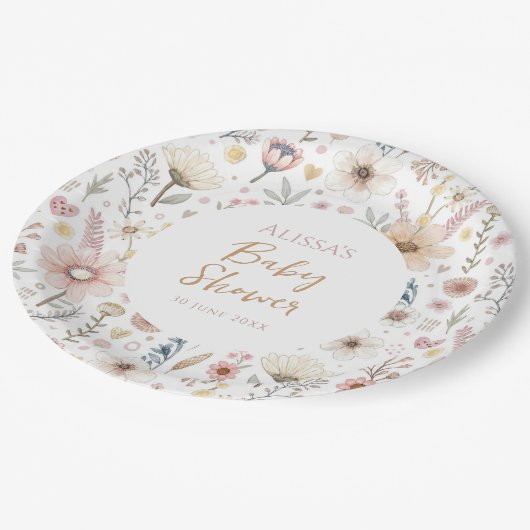 Wildblume Boho Floral Baby Dusche Pappteller (Schrägansicht)