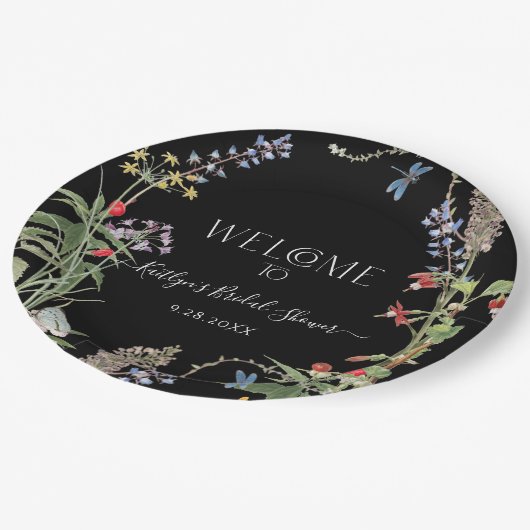 Wildblume Boho Floral Black Welcome Brautparty Pappteller (Schrägansicht)