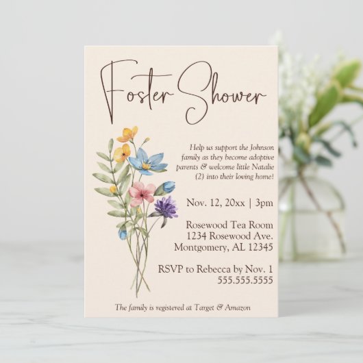 Wildblume Boho Foster Care Baby-/Kinderdusche Einladung (Stehend Vorderseite)