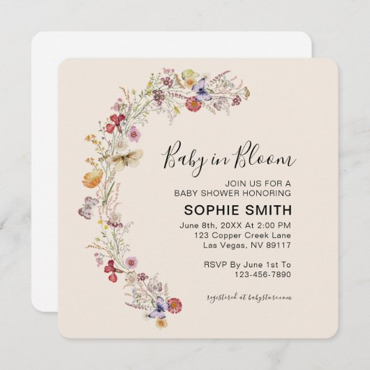 Wildblume Boho Garden Baby in Bloom Einladung (Vorne/Hinten)