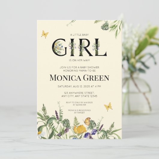 Wildblume Boho Girl Babydusche Einladung (Stehend Vorderseite)