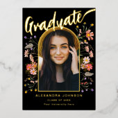 Wildblume Boho Graduate Foto Elegantes Script Gold Folieneinladung (Vorderseite)