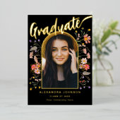 Wildblume Boho Graduate Foto Elegantes Script Gold Folieneinladung (Stehend vorne)