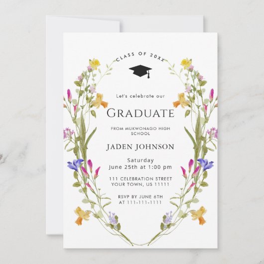 Wildblume Boho Graduation Party Einladung (Vorderseite)