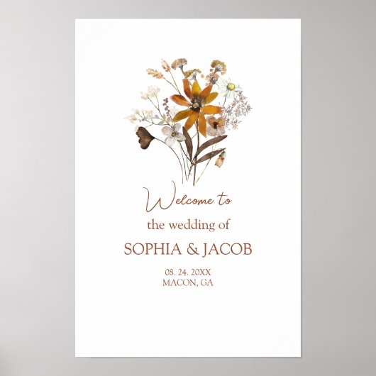 Wildblume Boho Hochzeit im Herbst Begrüßungspapier Poster (Vorne)