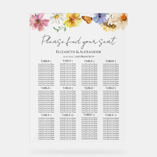 Wildblume Boho Hochzeitsstift Acrylschild (Vorderseite)