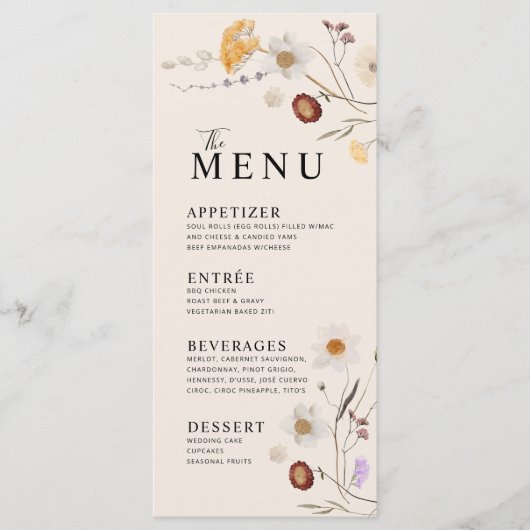 Wildblume Boho Menü Menükarte (Vorderseite)