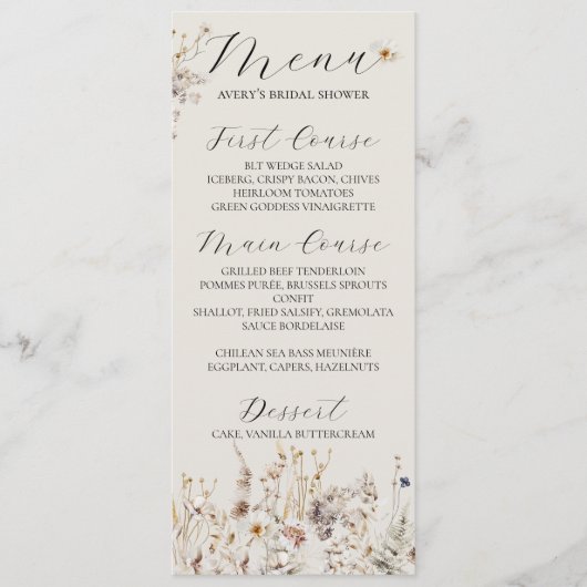 Wildblume Boho Rustic Elegantes Brautparty Menükarte (Vorderseite)