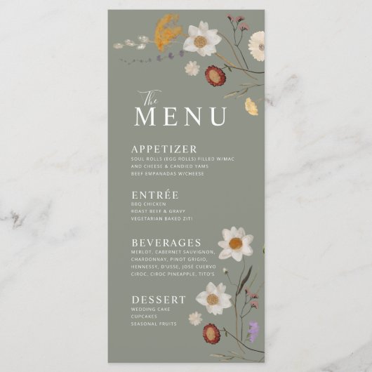 Wildblume Boho Sage Green Menu Menükarte (Vorderseite)
