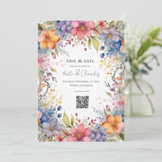 Wildblume boho schicke Kranz Save the Date einlade Einladung (Stehend Vorderseite)