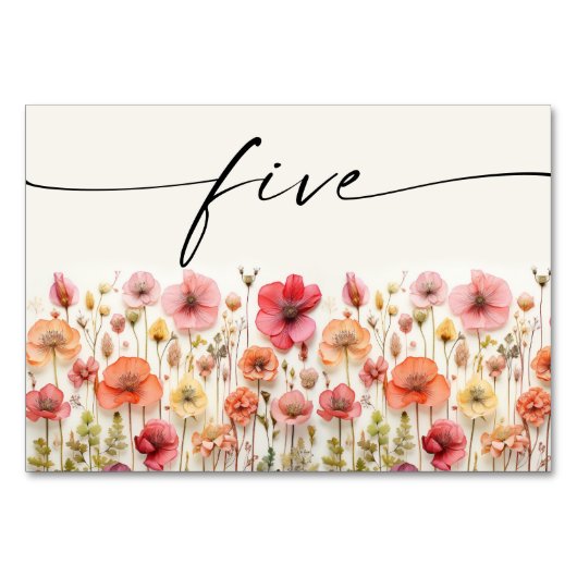 Wildblume Boho Tischkarten Nummer fünf Tischnummer (Vorderseite)