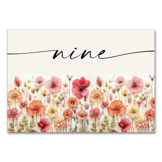 Wildblume Boho Tischkarten Nummer neun Tischnummer (Vorderseite)