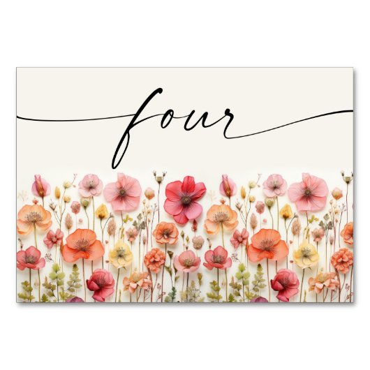 Wildblume Boho Tischkarten Nummer vier Tischnummer (Vorderseite)