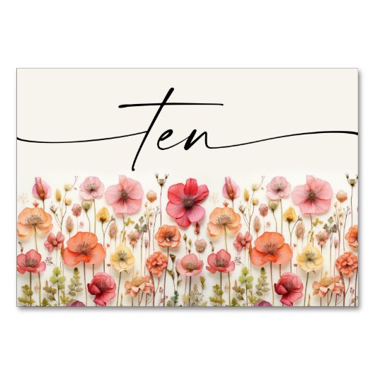 Wildblume Boho Tischkarten Nummer zehn Tischnummer (Vorderseite)