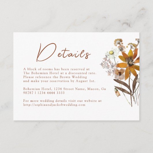 Wildblume Boho Wedding Details Begleitkarte (Vorderseite)